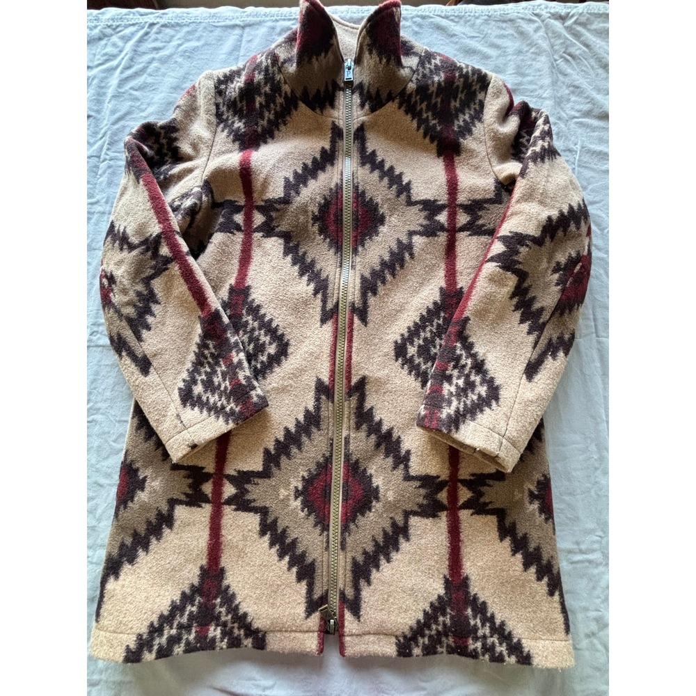 Pendleton Women Harding Jacquard Wool Blend Zip Front Coat Tan Red Small